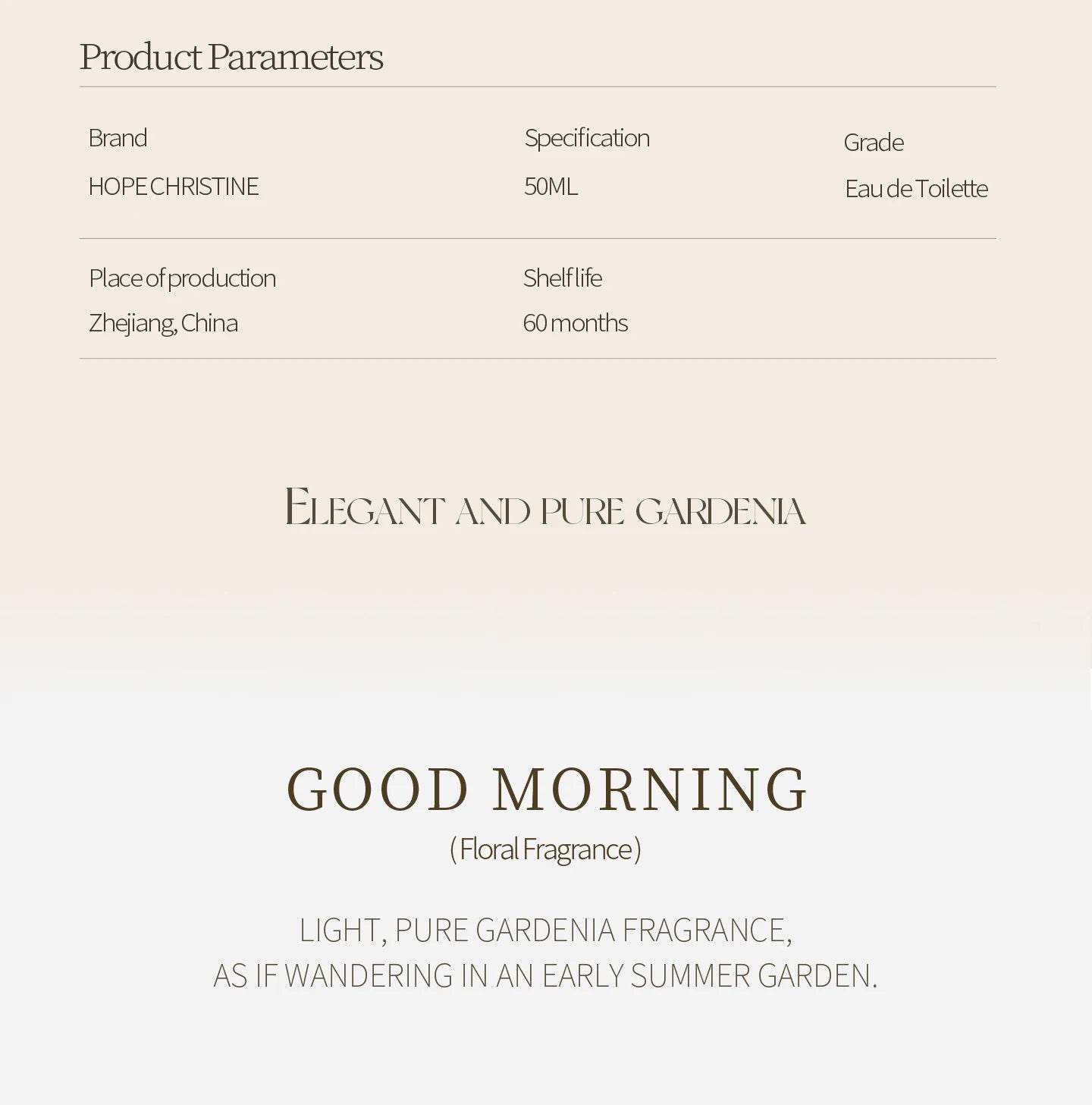 Hope Christine 50ml Pure Gardenia niche floral perfume, an elegant, fresh, daily scent in a minimal beige product card.