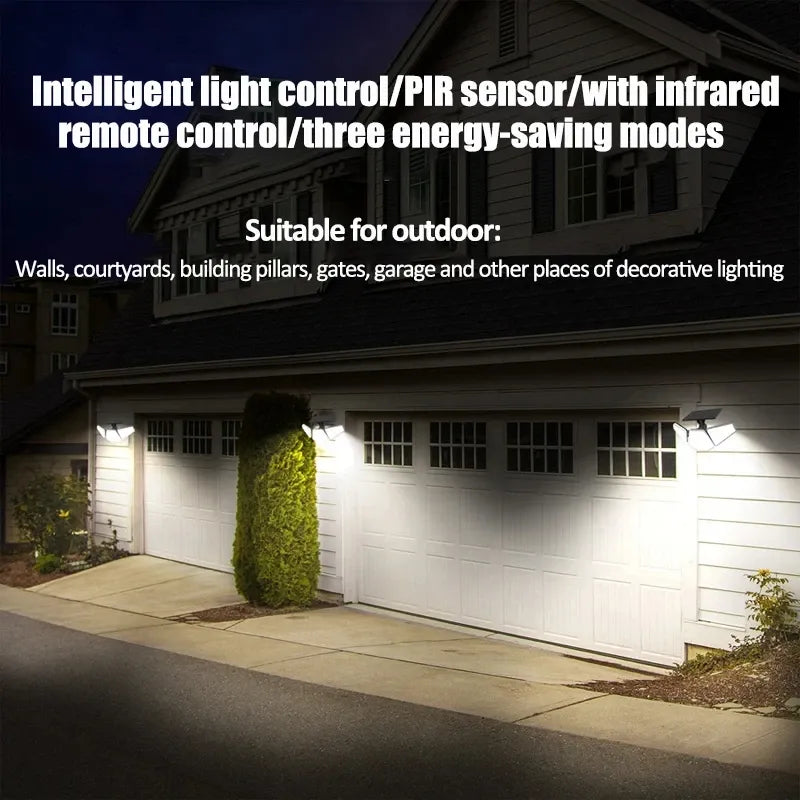 Solar wall light fixture on a house exterior wall with bright LED illumination