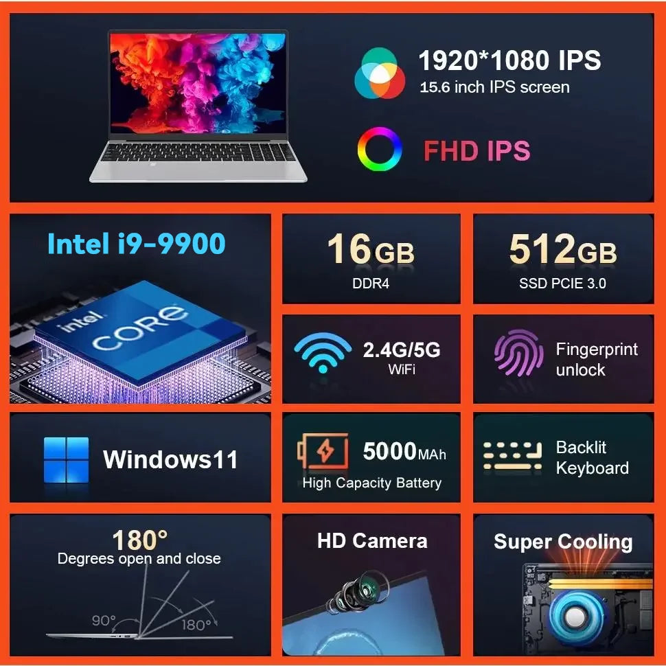 【3-year warranty】Portable Notebook Windows 11 Pro 15.6 inch Gaming Computer PC Gamer Intel Core i9 9900 Laptops i9