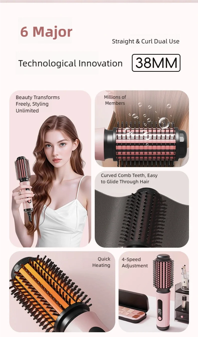 TINSOL pink 38mm negative ion hot air brush for straightening and curling with curved teeth and 4-speed adjustment.