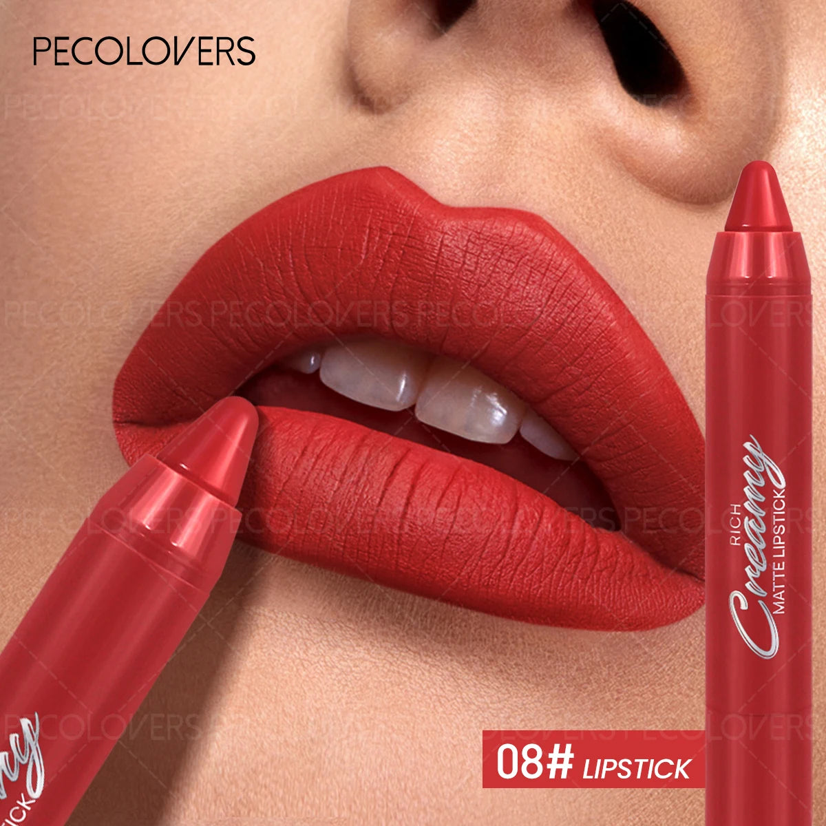 Red matte lip liner lipstick crayon defining plump lips for a creamy, long-lasting charming finish.