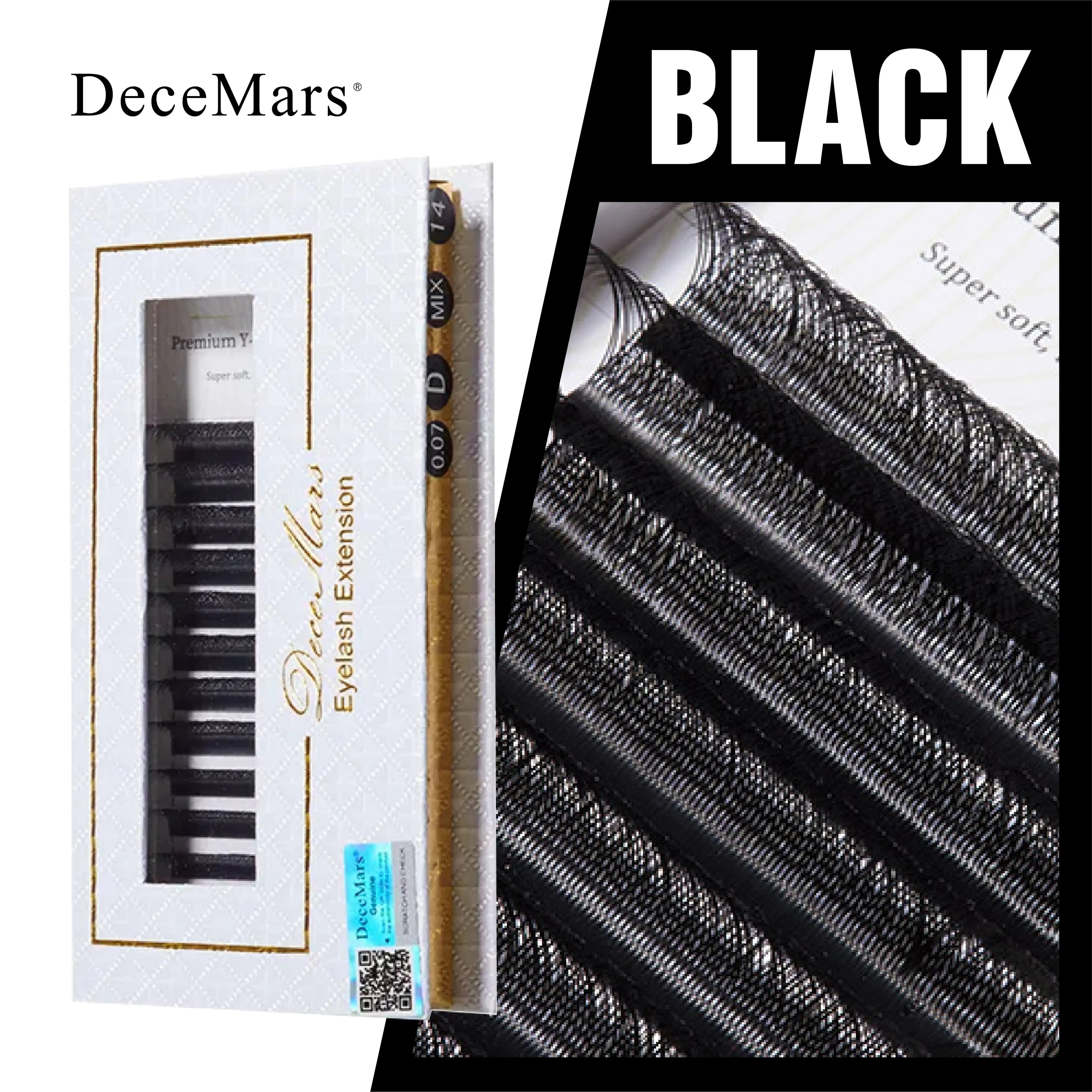 DeceMars black YY-style eyelash extension tray showing individual strips of soft, fine synthetic lashes.