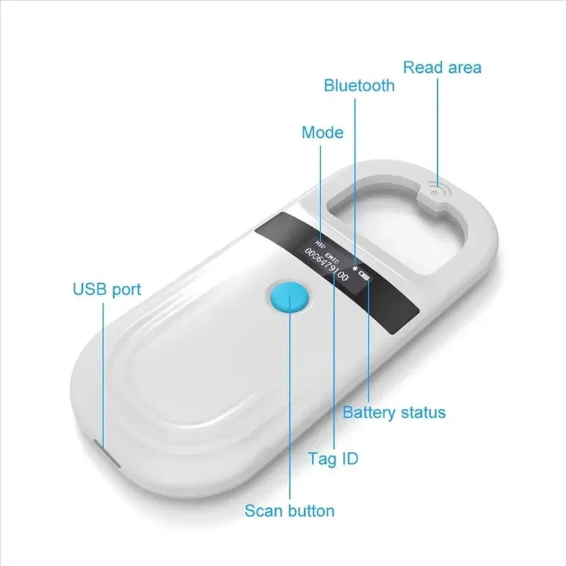 Handheld pet microchip scanner with OLED display for scanning dog and cat RFID tags. Rechargeable USB reader.