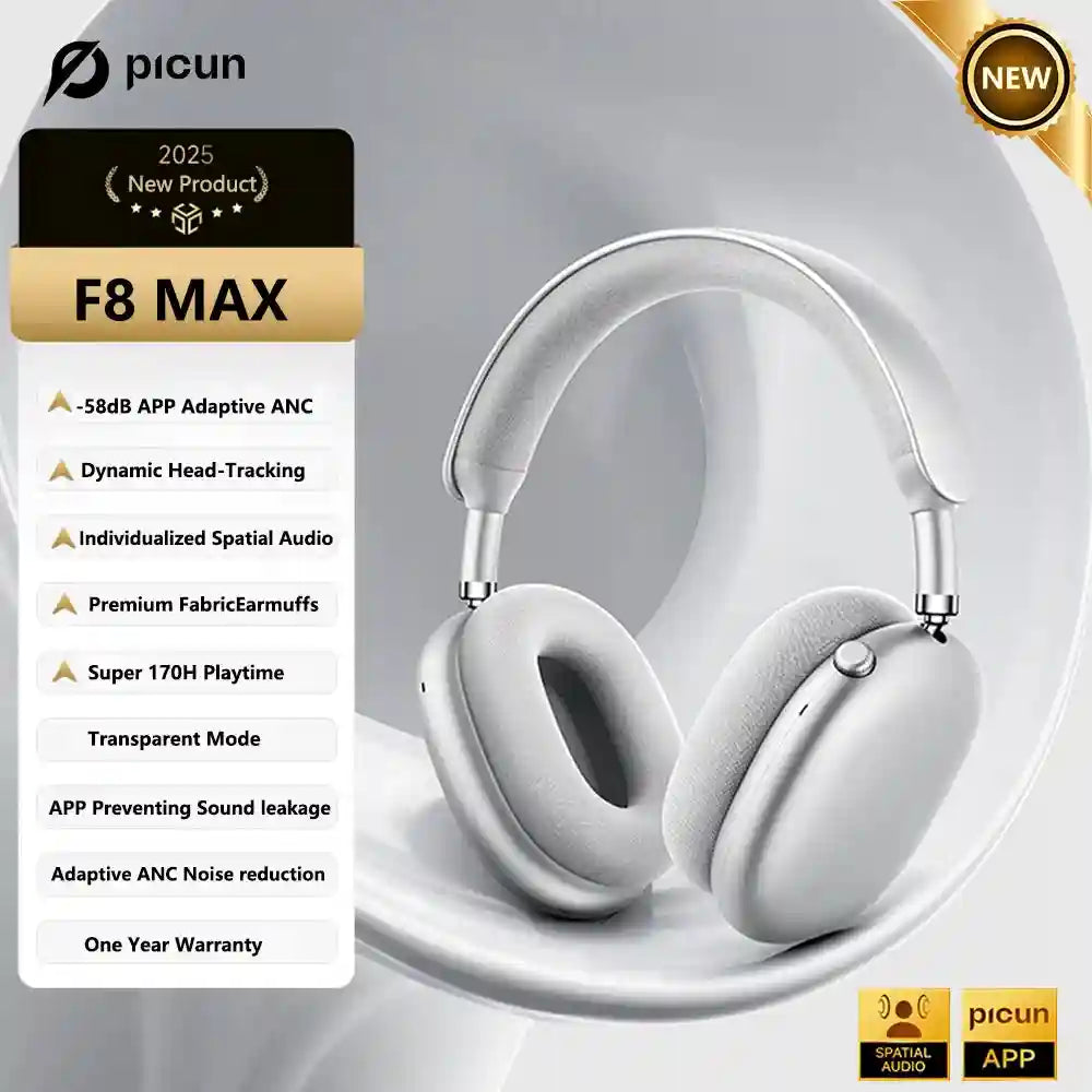 Wireless Noise Cancelling Headphones - Over-Ear 3D Spatial Audio F8 F8 MAX Silver Tidesmit