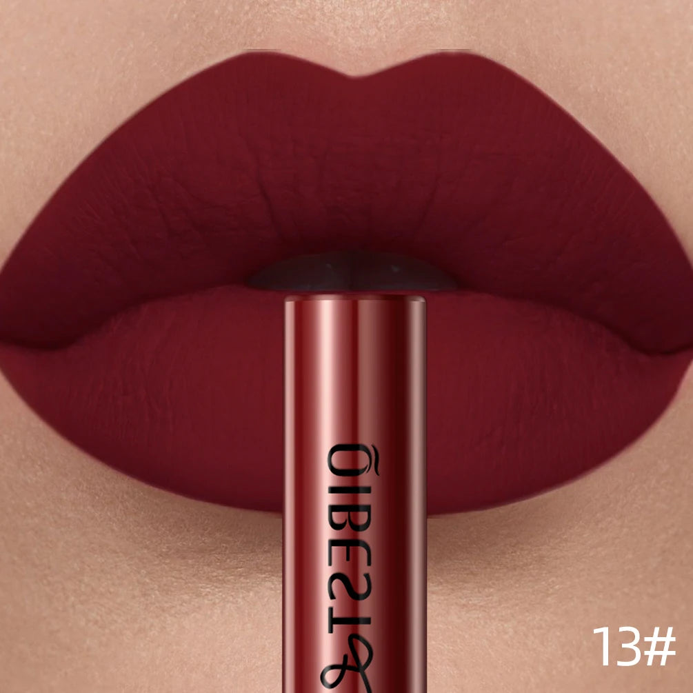 Sexy deep red matte liquid lipstick with a long-lasting velvet finish, nonstick, and waterproof formula.