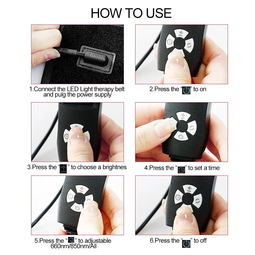 Instructions for using a 120 LED red light therapy waist belt with a handheld controller for back pain and relaxation.