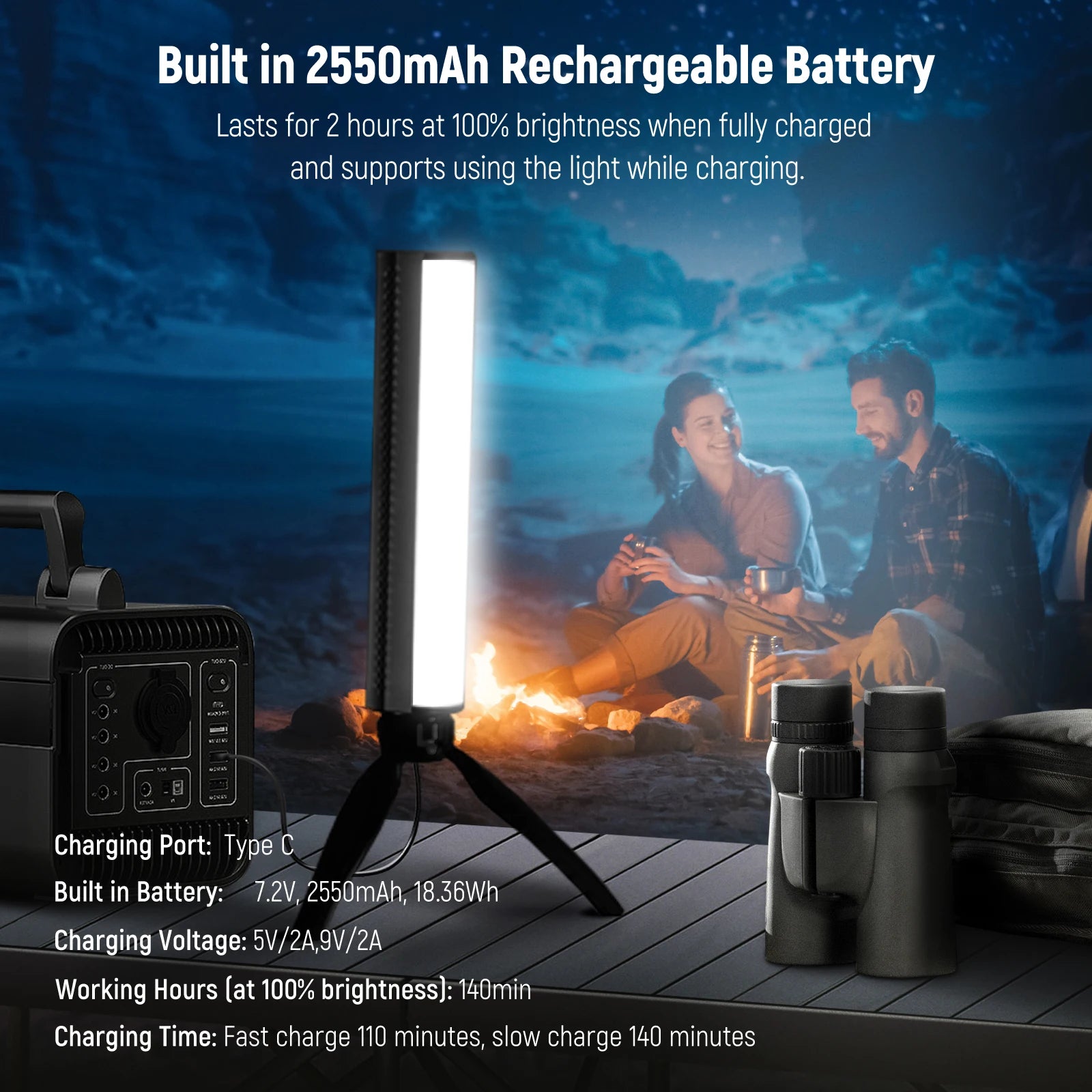 Portable LED light bar with white diffuser on a tripod stand, used for camping illumination.