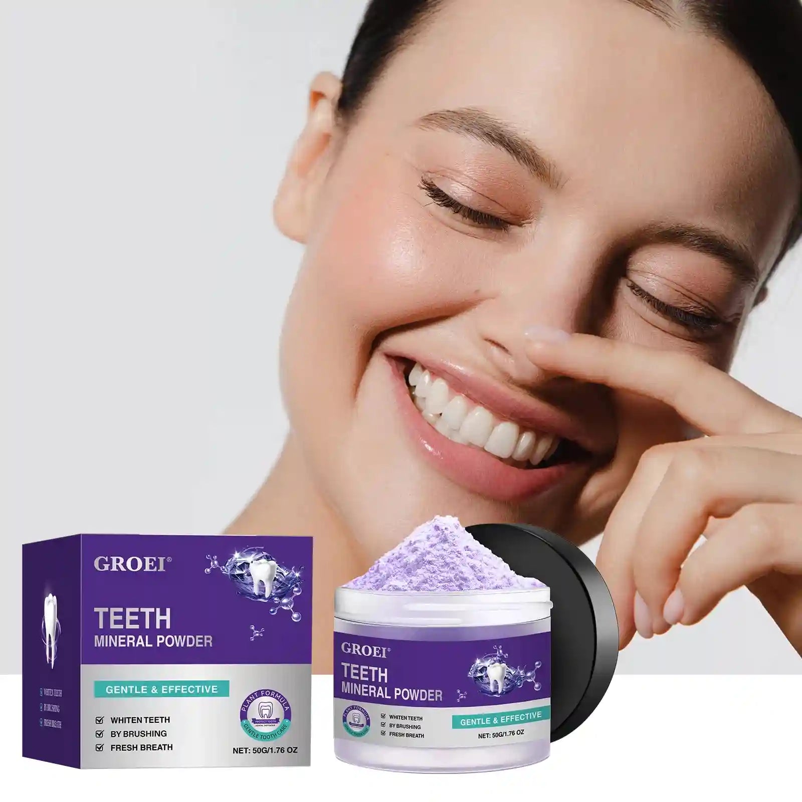 Tidesmit Hydroxyapatite Whitening Powder for purple dental care plaque removal and fresh breath.