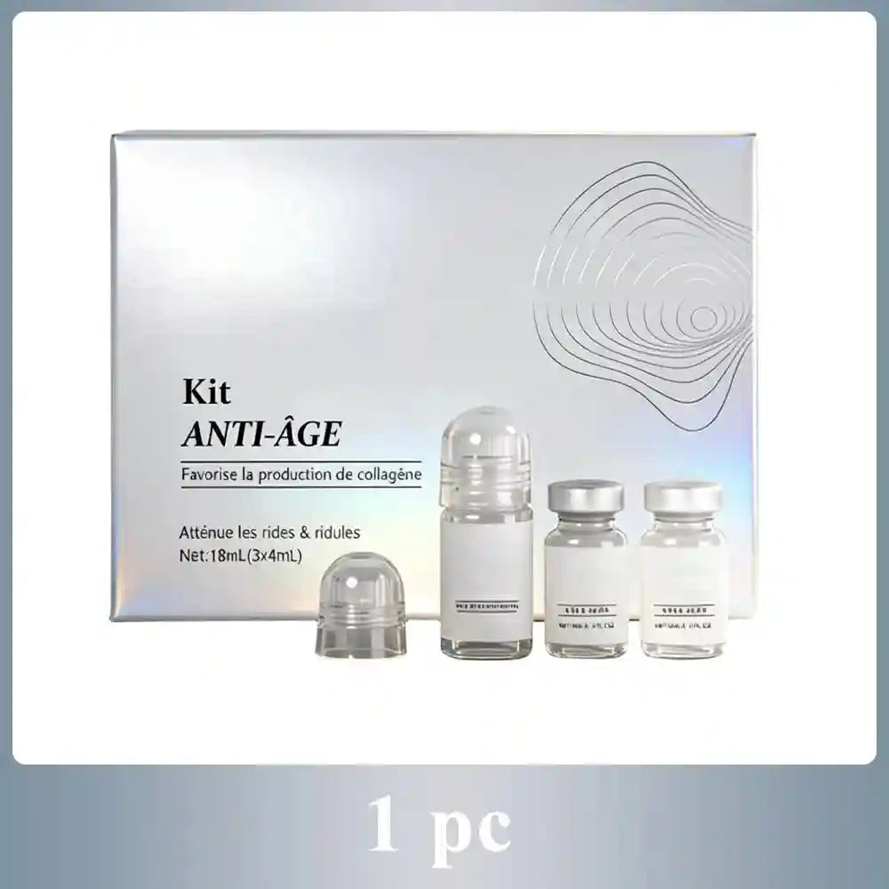 Deep Action Collagen Essence Anti-Aging Care Set featuring anti-wrinkle lifting vials in a professional silver gift box.