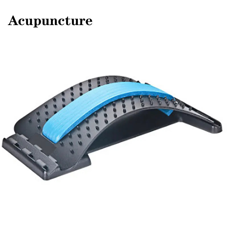 Black plastic lumbar back stretcher with blue foam strip and acupressure massage nubs for spine relief and support.