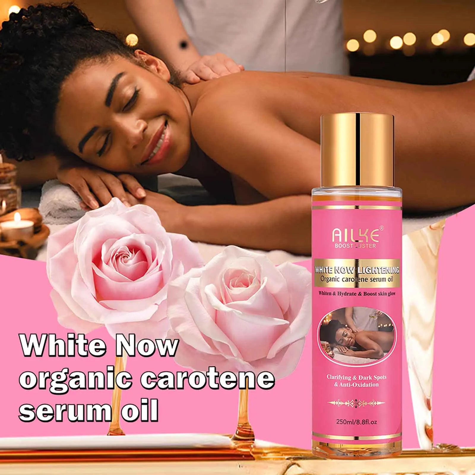 AILKE White Now organic carotene serum oil in a gold-capped bottle for dark spot removal and radiant skin brightening.