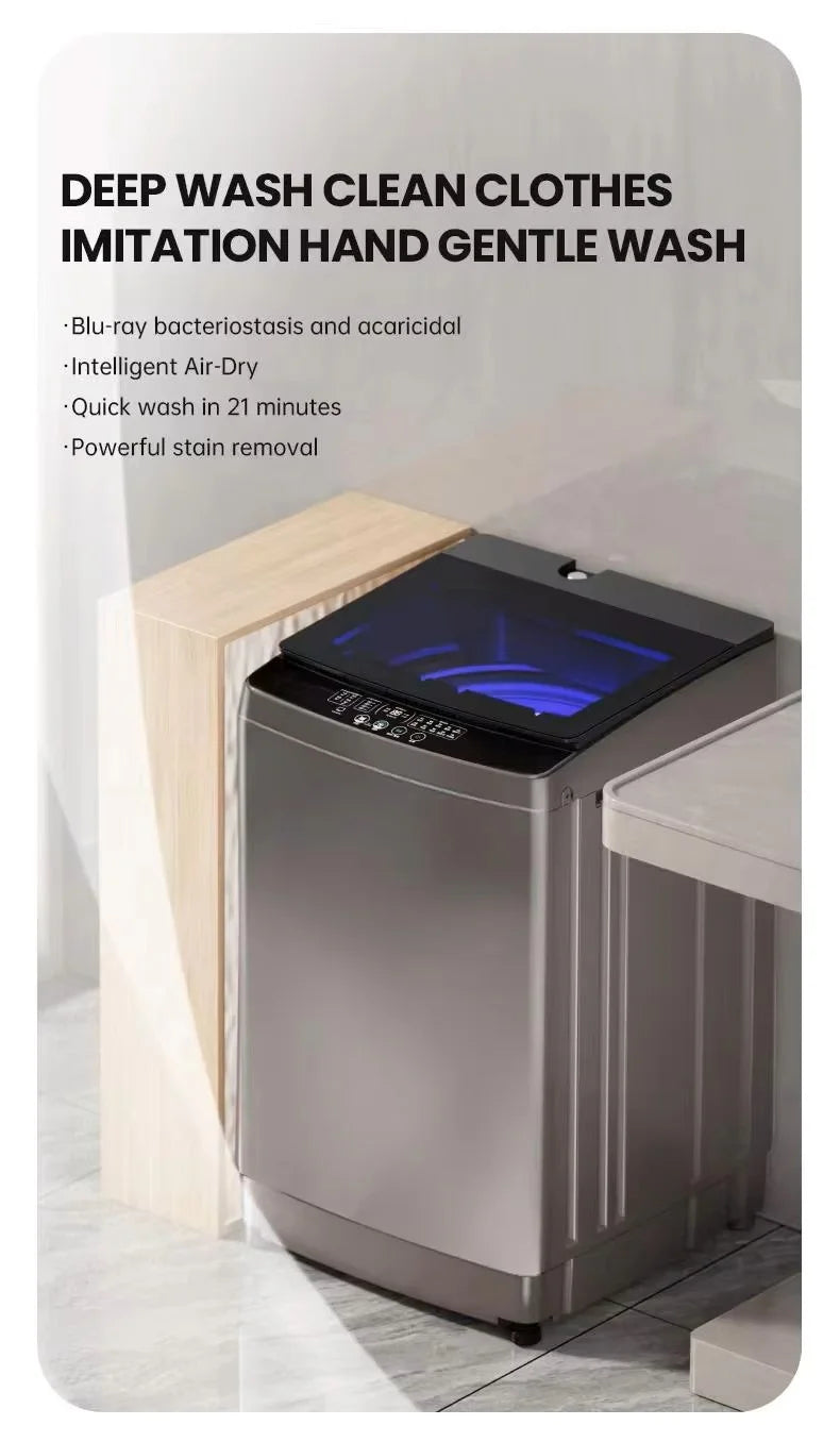 Tidesmit 10kg automatic top load washer dryer combo showing internal drum and portable control interface
