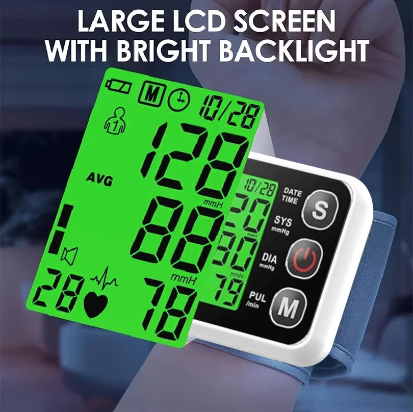 Wrist Digital Blood Pressure Monitor Heart Rate Pulse Meter Measure Sphygmomanometer LCD Screen Portable Health Care Tonometer