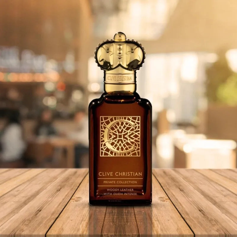 Clive Christian Private Collection Woody Leather EDP, 50ml perfume in a signature crown-capped amber glass bottle.