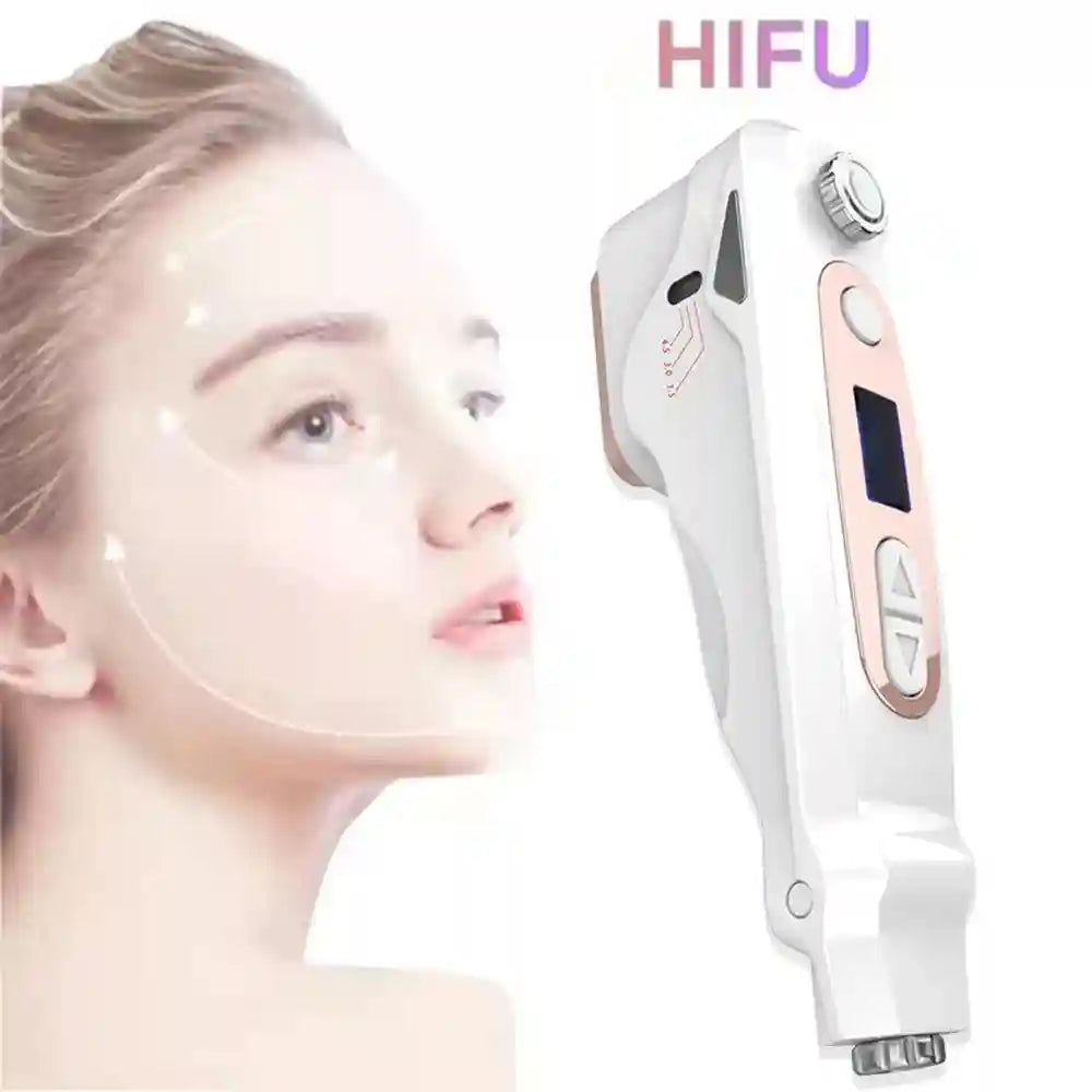 White and rose gold handheld Mini HIFU face lifting machine for ultrasonic anti-aging skincare and wrinkle reduction.