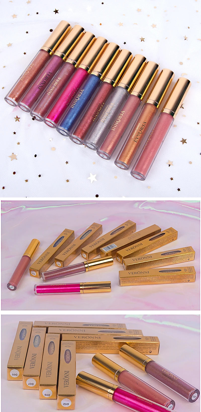 Set of 10 waterproof diamond shimmer liquid lipsticks with pearl glitter finish in various shades with gold packaging.