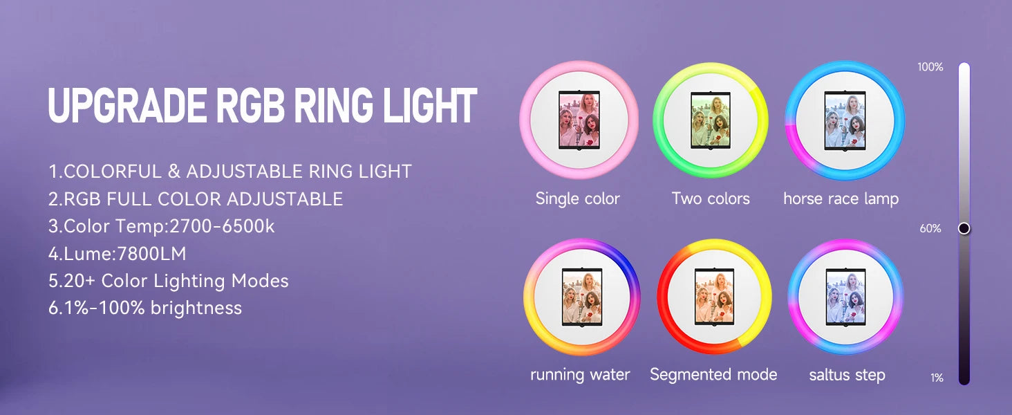 Adjustable RGB ring light with multiple color modes and brightness settings for photography and video lighting.