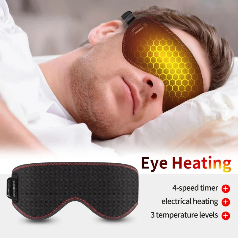 A person wearing a black heated eye mask featuring a glowing yellow honeycomb pattern, with timer and heat settings.