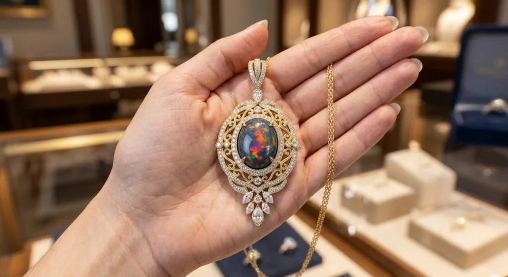 Christian European Style Flower Shape Dainty Pendant Necklace 18k Gold Plated Natural Black Opal Bridal 925 Sterling Silver