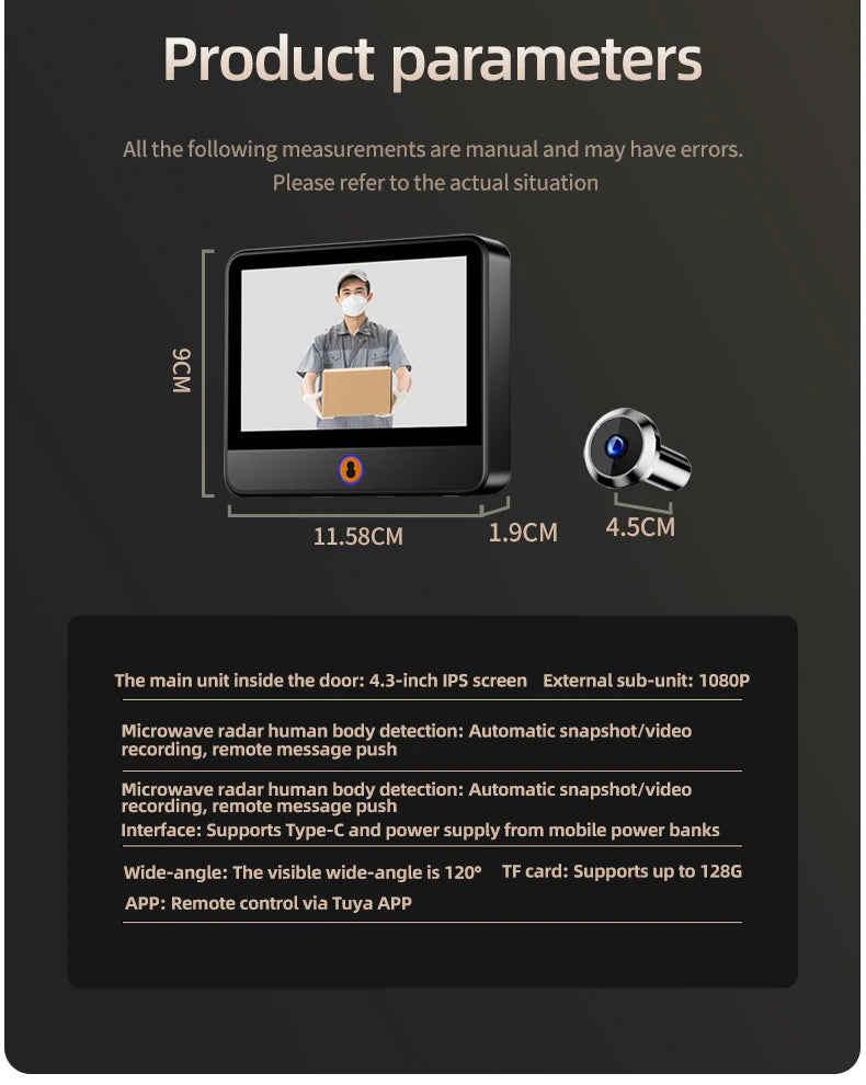Danmini 4.3'' Visual Doorbell Peephole 1080P Camera App Remote Control Digital Cat Eye Night Vision Outdoor Monitor Door Viewer