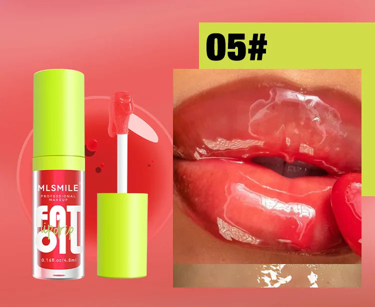 Moisturizing glitter lip plumper oil in shade 05, featuring a high-shine, nourishing transparent pink gloss formula.