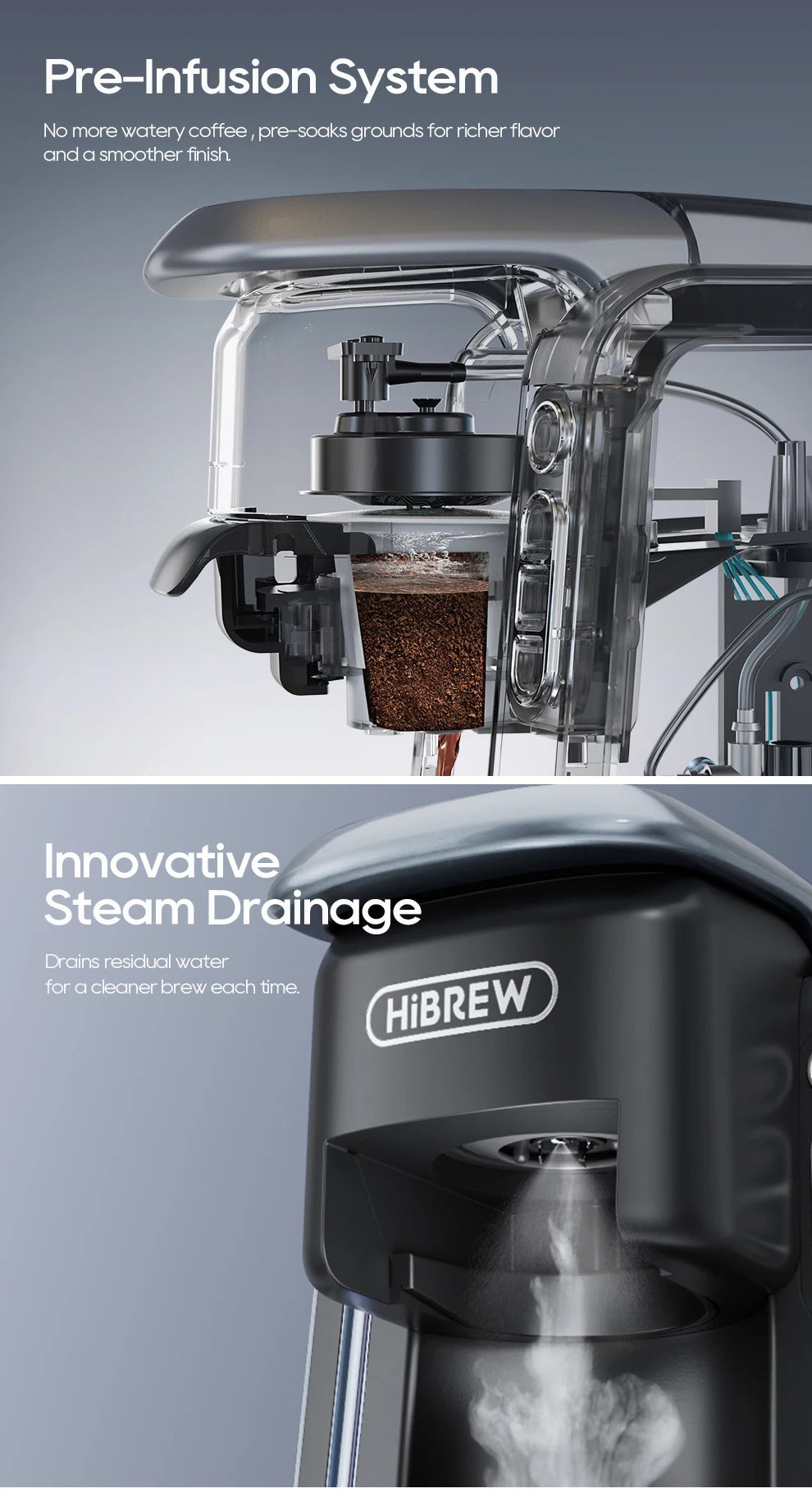 HiBREW coffee maker internal mechanics showing pre-infusion system and steam drainage feature in black and clear.
