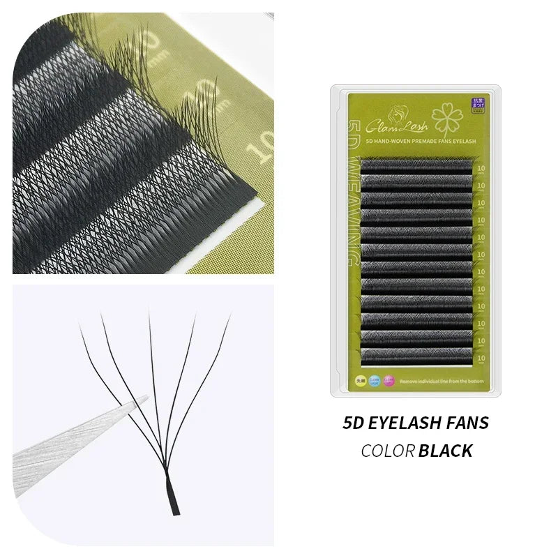 Black 5D premade eyelash extension fans on a tray for professional volume application.