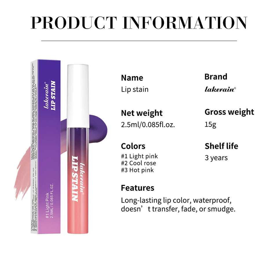 Lakerain waterproof peel-off lip stain in a gradient tube. Long-lasting, transfer-proof matte lip makeup product info.