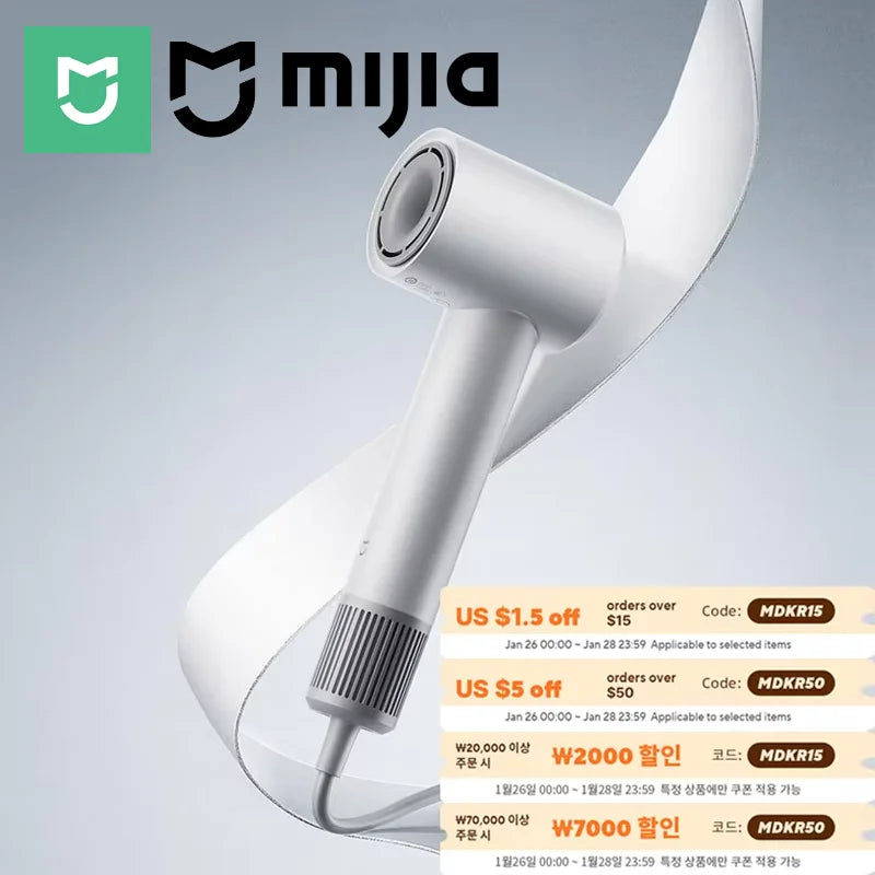 Mijia H501 SE high-speed hair dryer in sleek white, featuring 110k RPM professional motor for fast ionic hair drying.