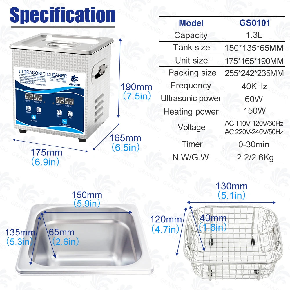 Tidesmit 1.3L digital ultrasonic cleaner with heater and degas function for cleaning jewelry watches and glasses