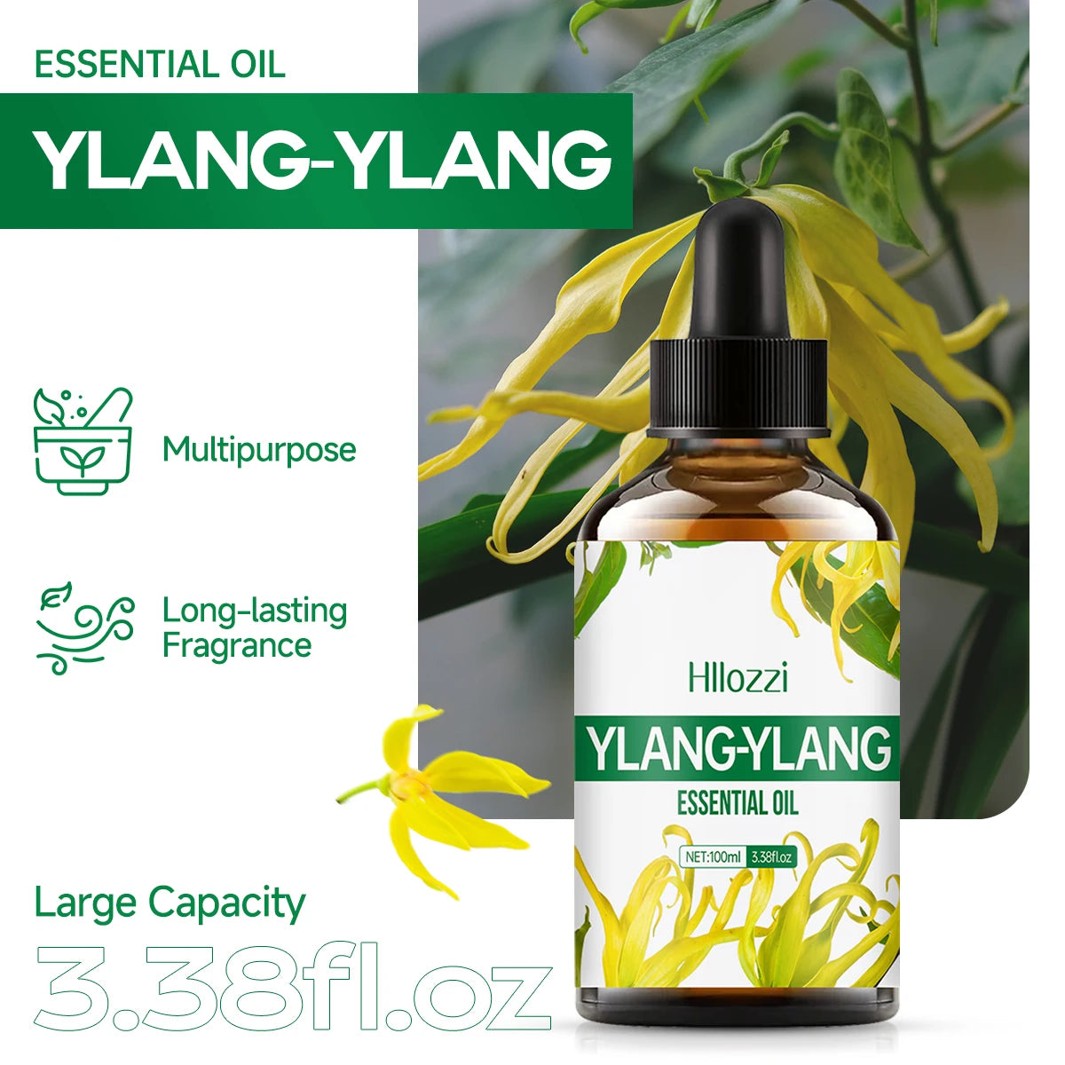 Ylang ylang essential oil is used for skin care, massage, bathing, and is suitable for face, body, nails and hair.