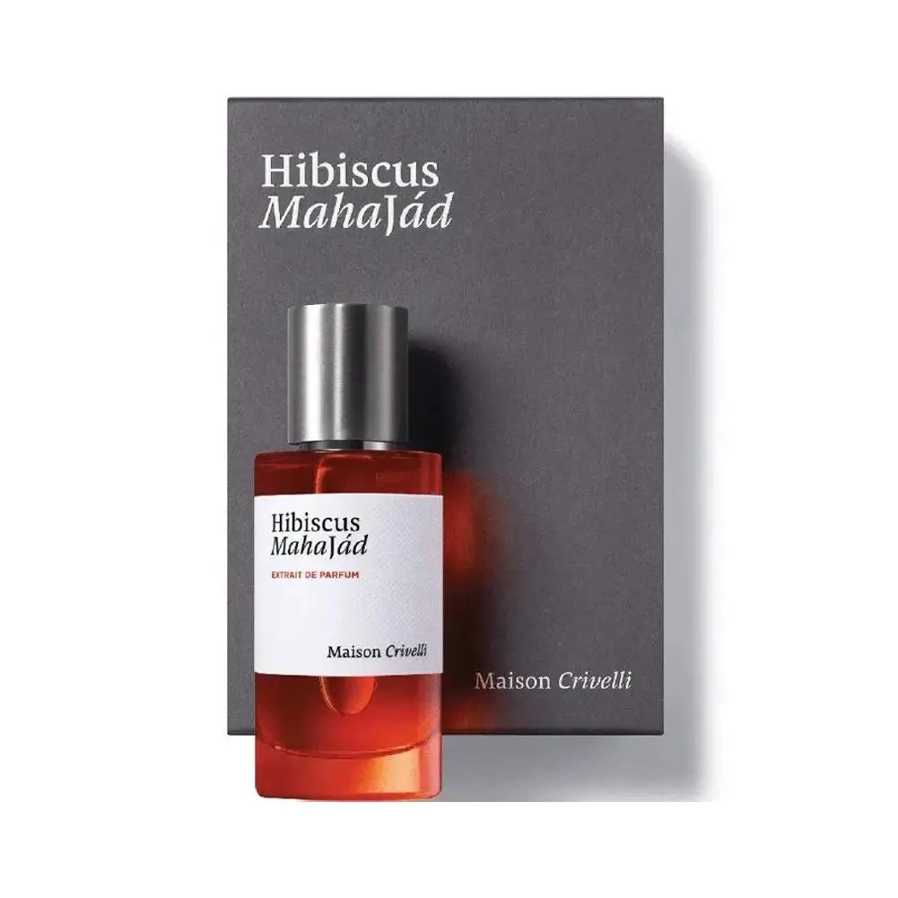 Maison Crivelli Hibiscus Mahajád Extrait de Parfum, unisex amber floral spray, red glass bottle, 1.7oz fragrance.