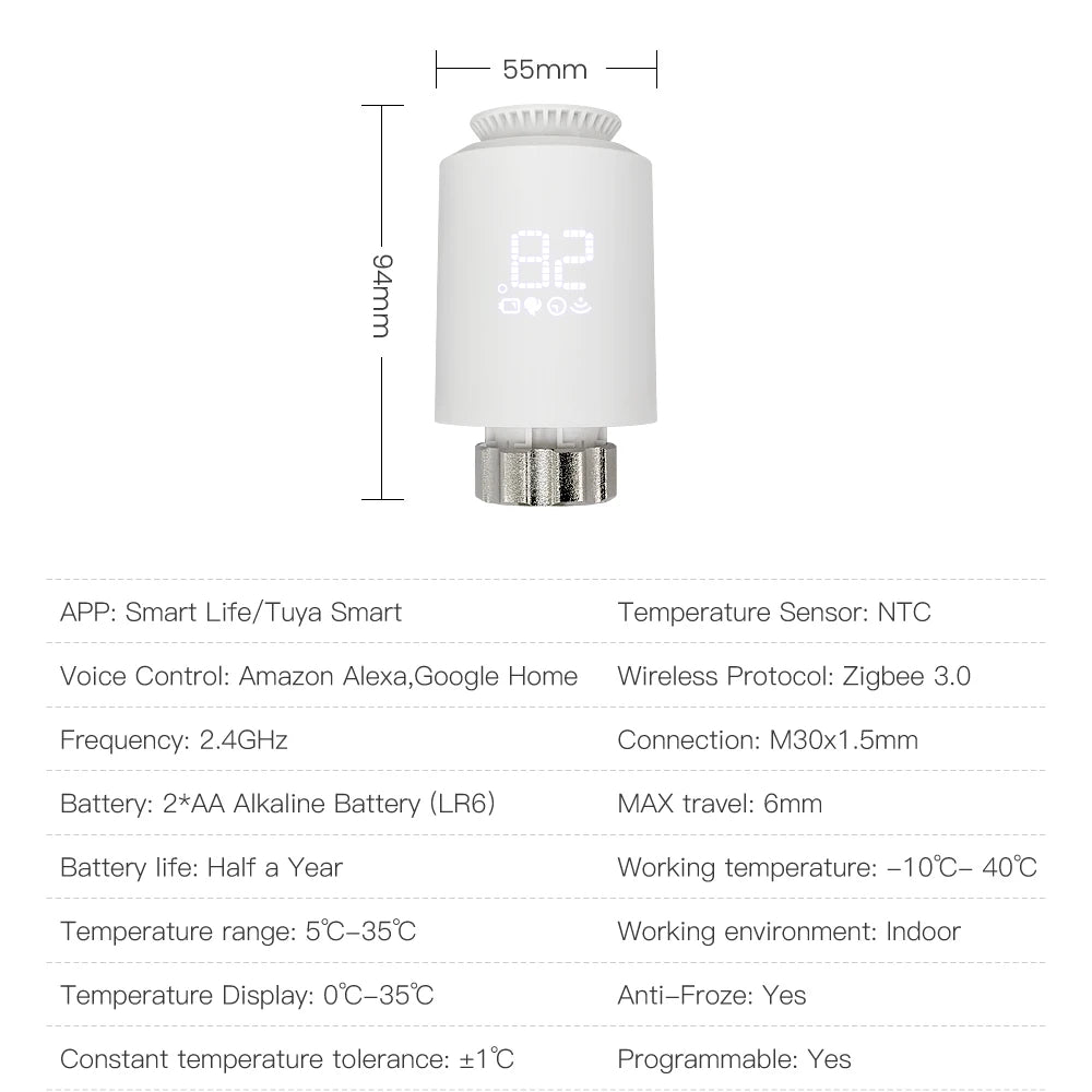 ZigBee 3.0 Smart Radiator Thermostat - TRV06 App Control & Voice Tidesmit