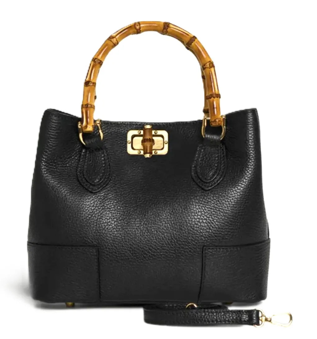 Black genuine leather designer tote handbag with bamboo top handle, gold hardware, and vintage turn-lock closure.