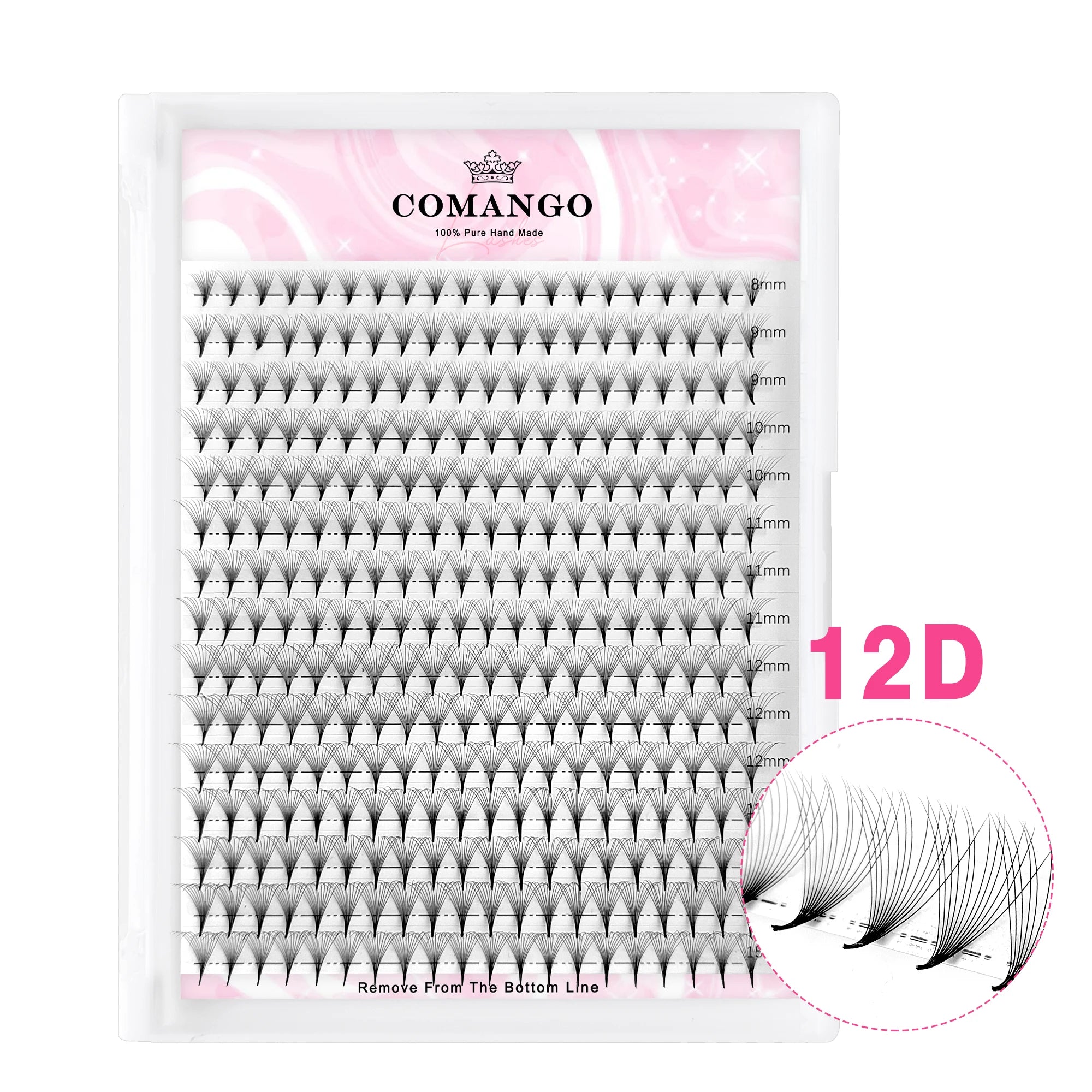 Tray of black 12D volume eyelash extensions with varying lengths from 8mm to 12mm for professional lash applications.