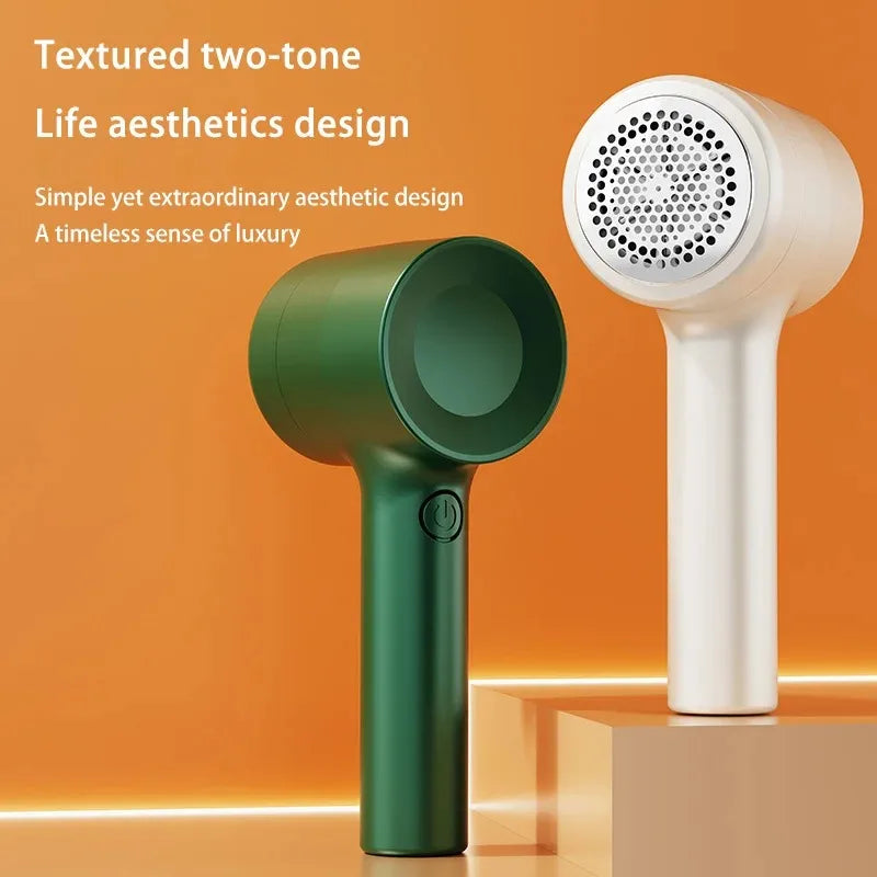 Tidesmit rechargeable fabric shaver removing lint and hair balls from clothes, side profile view of laundry appliance