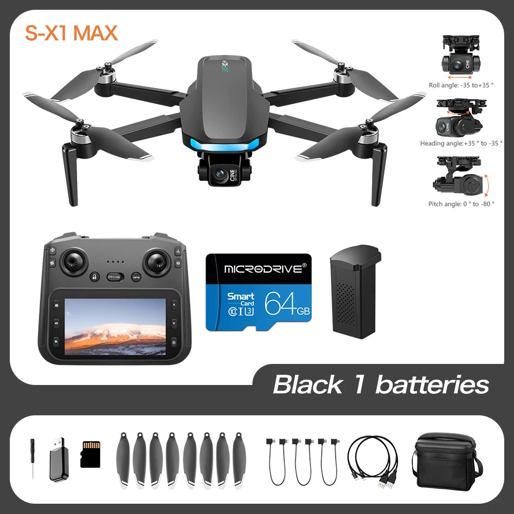 4K Camera Drone With 3-Axis Gimbal GPS - Foldable Aerial Quadcopter S-X1-3-Axis-B-64G Tidesmit