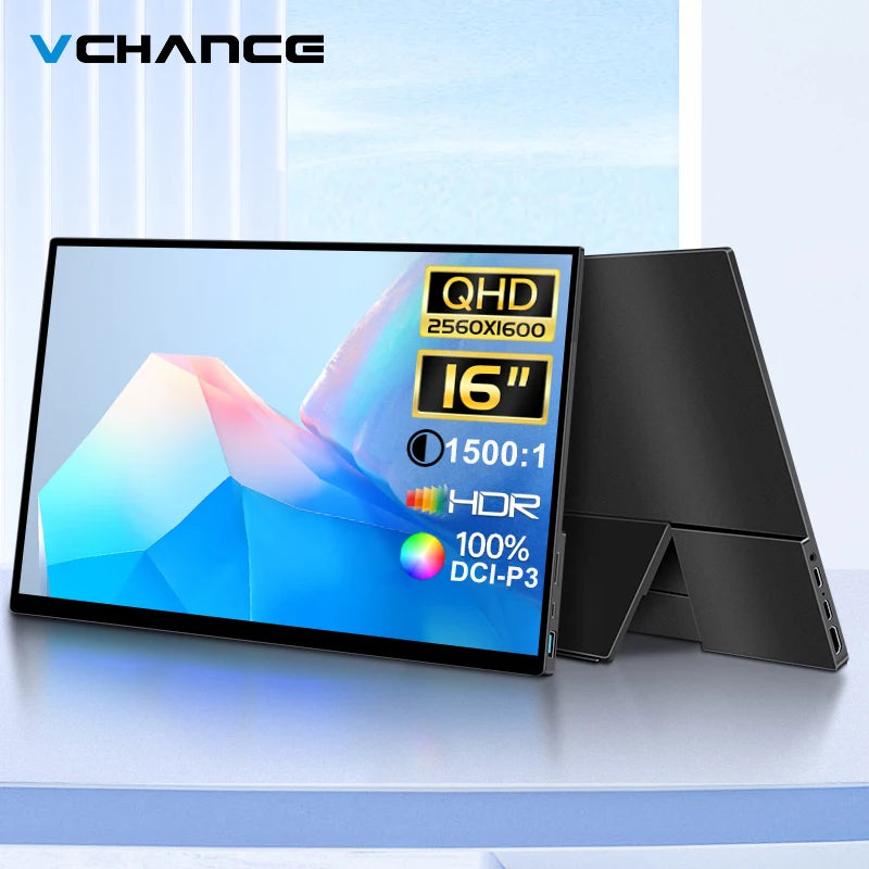 VCHANCE 16 Inch 2.5K Portable Monitor 16:10 2560*1600p 100%DCI-P3 500Nit Travel Second Gaming Display for Laptop Xbox Switch PS4