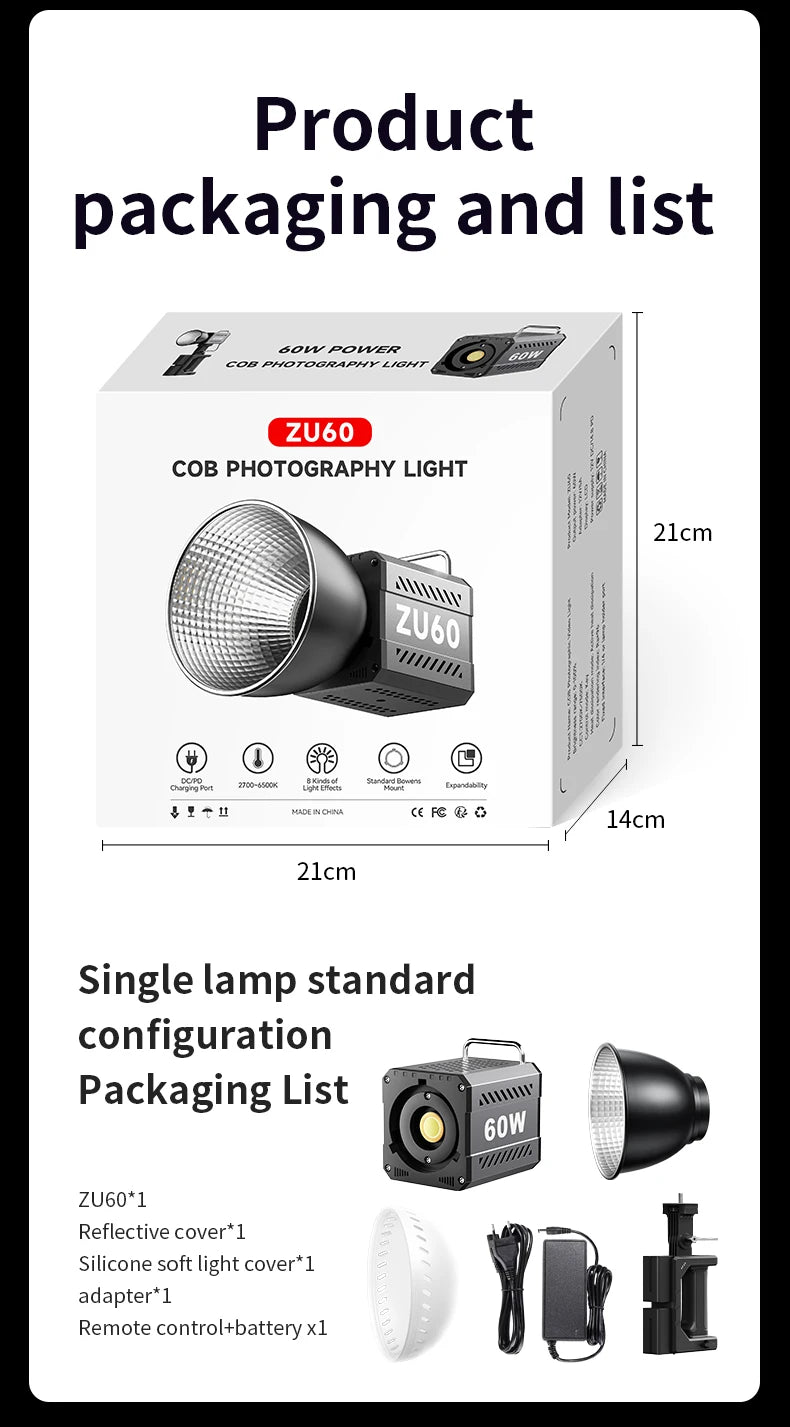 LED Video Light 60W-80W Bi-Color COB Studio Lamp for Content Creation Tidesmit