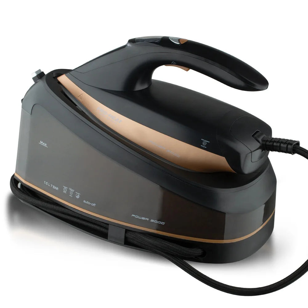 Tidesmit 3000W steam iron featuring 1.5L water tank, nonstick ceramic soleplate, anti-drip, and self-cleaning tech.