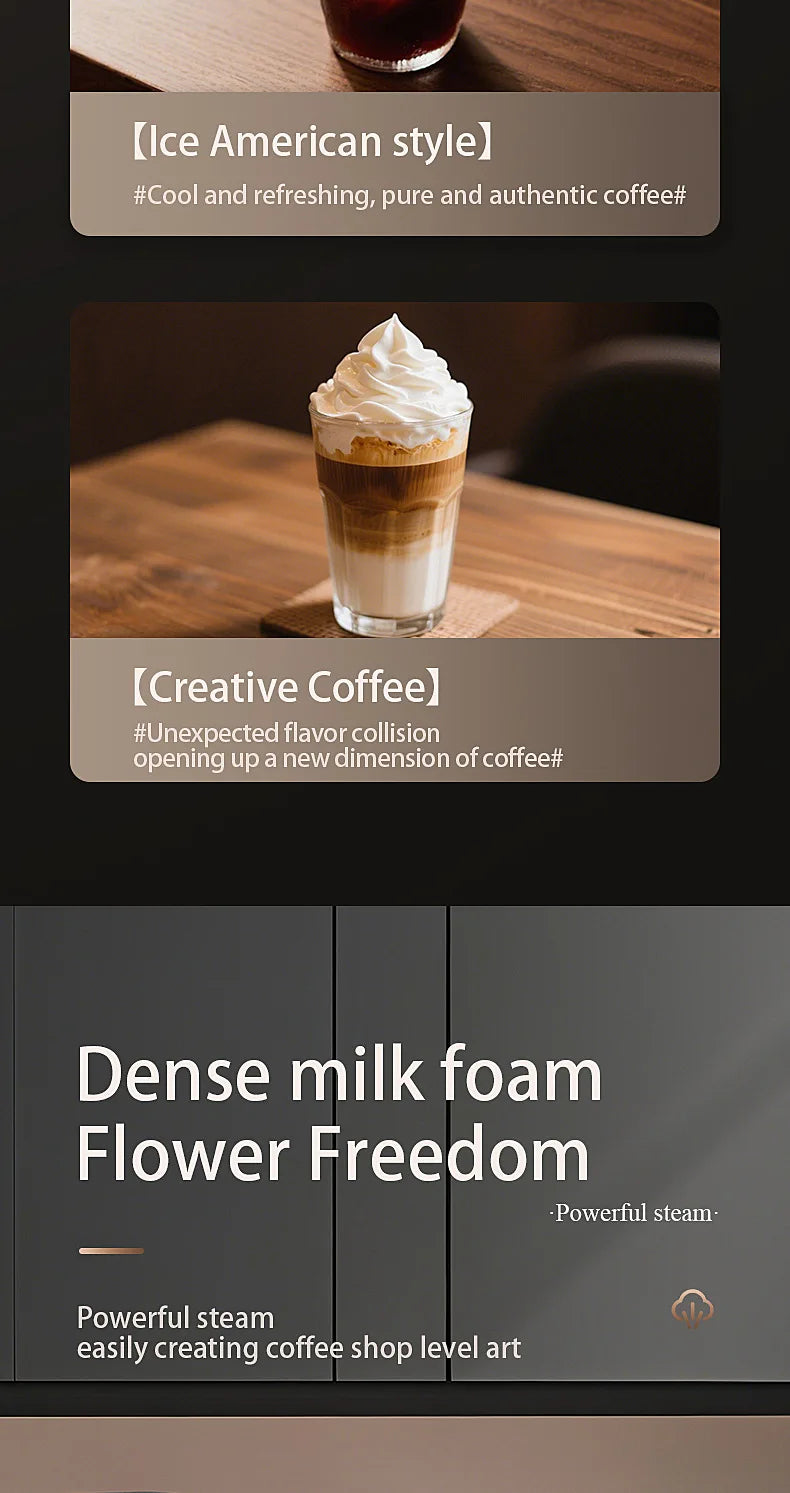 Espresso machine feature board showing creative coffee drinks and text about creating dense milk foam for latte art.