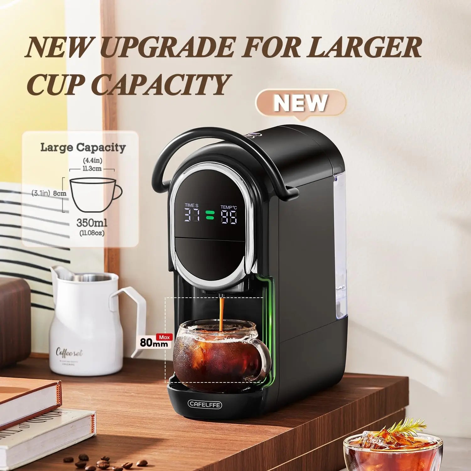 Cafelffe black capsule coffee machine with digital display, fits 350ml mugs up to 80mm tall for large cup capacity.
