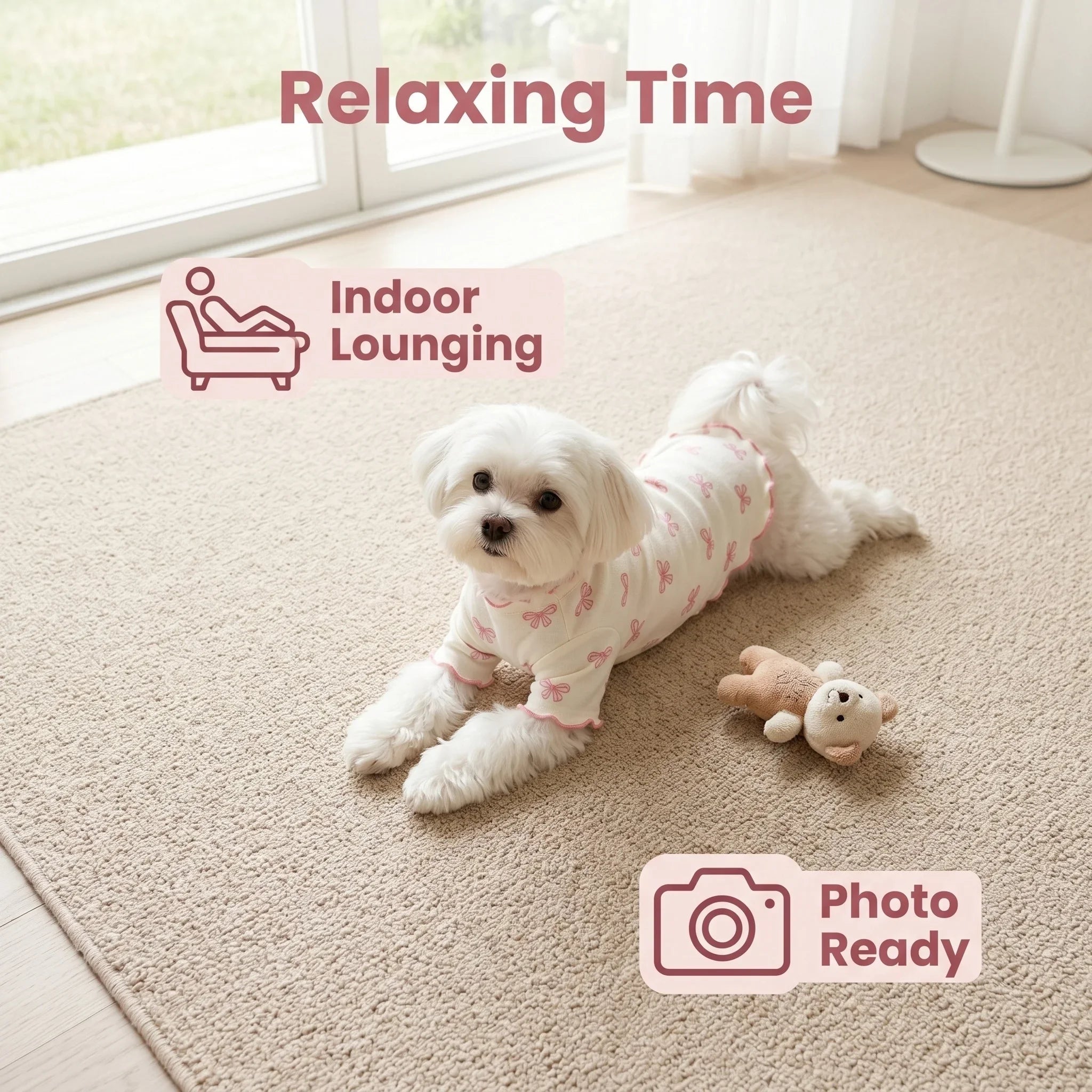 Small dog wearing a breathable, stretchy cream knit shirt with a pink bow print, perfect for comfortable indoor lounging.