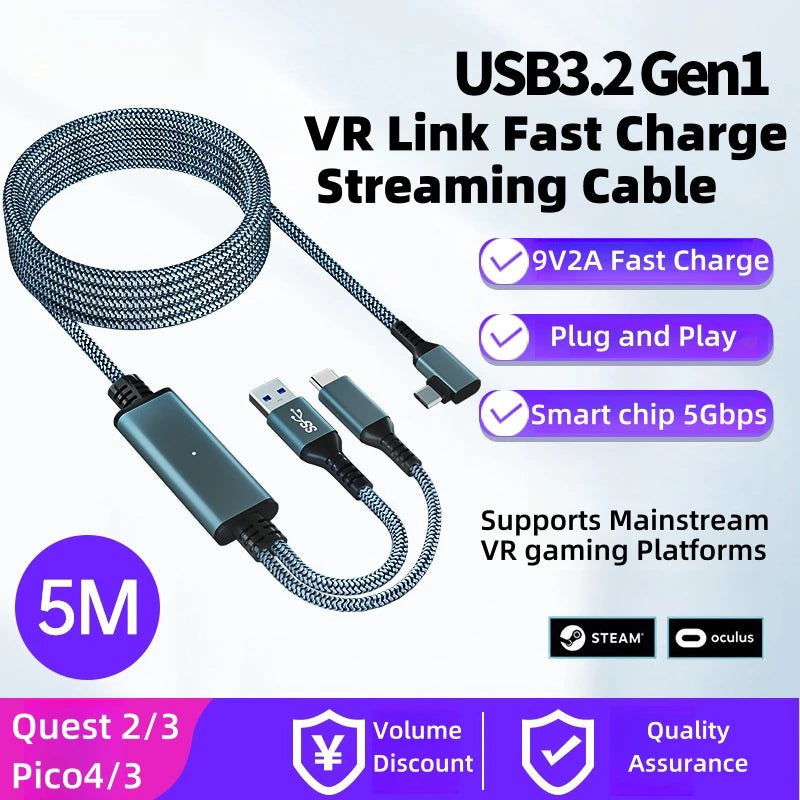 VR Link Cable 5M for Meta Quest 3 and Pico 4 - High-Speed 5Gbps USB-C Tidesmit