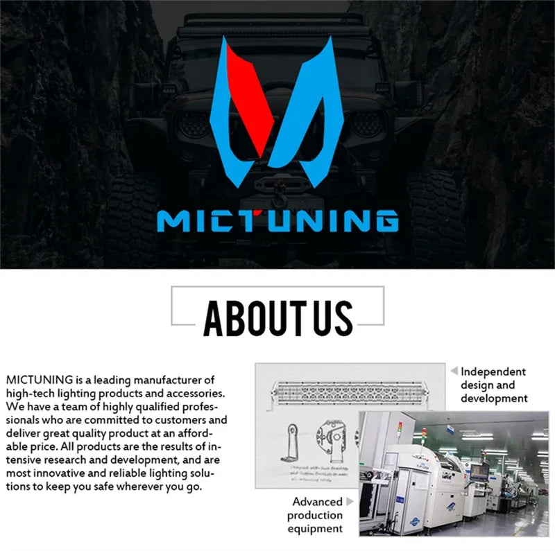 Company logo and production facility showing LED light bar design, mounting brackets, and automated manufacturing tools.