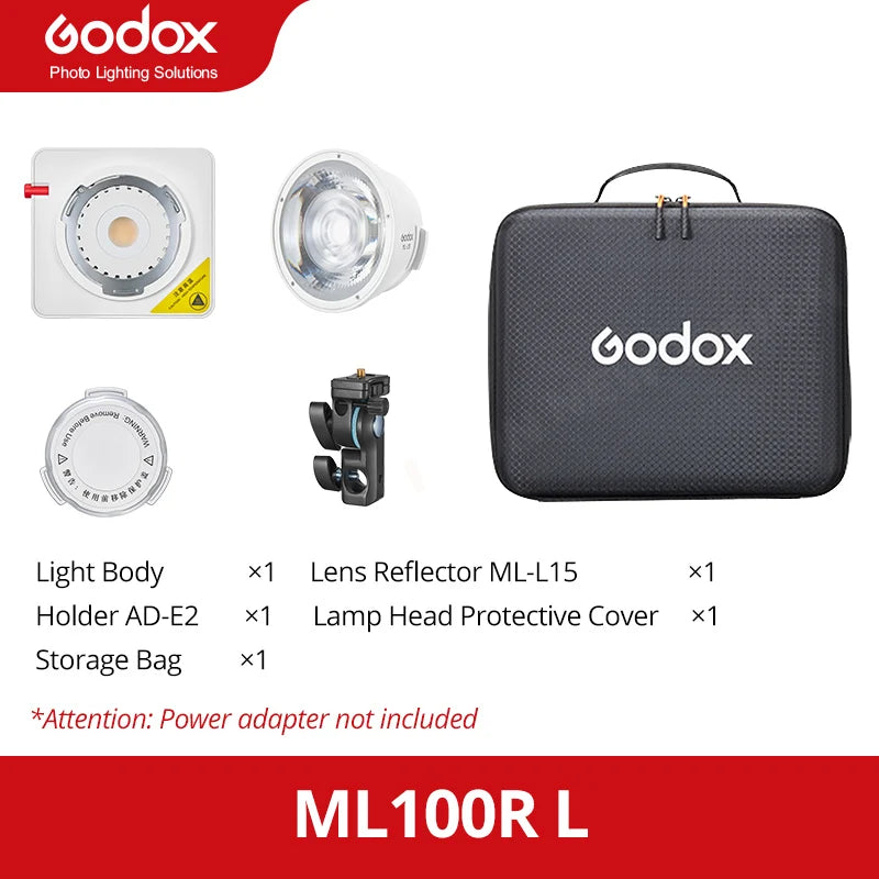 ML100R L lighting kit with square light body, round lens reflector, holder, protective cover, and black storage bag.