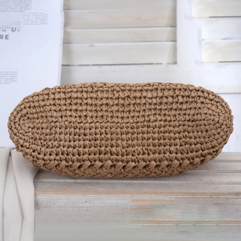 Women's Brand Fashion Clip Handbag, Bohemian Style Large Capacity Travel Woven Bag Popular Elegant Raffia Handmade Crossbody Bag