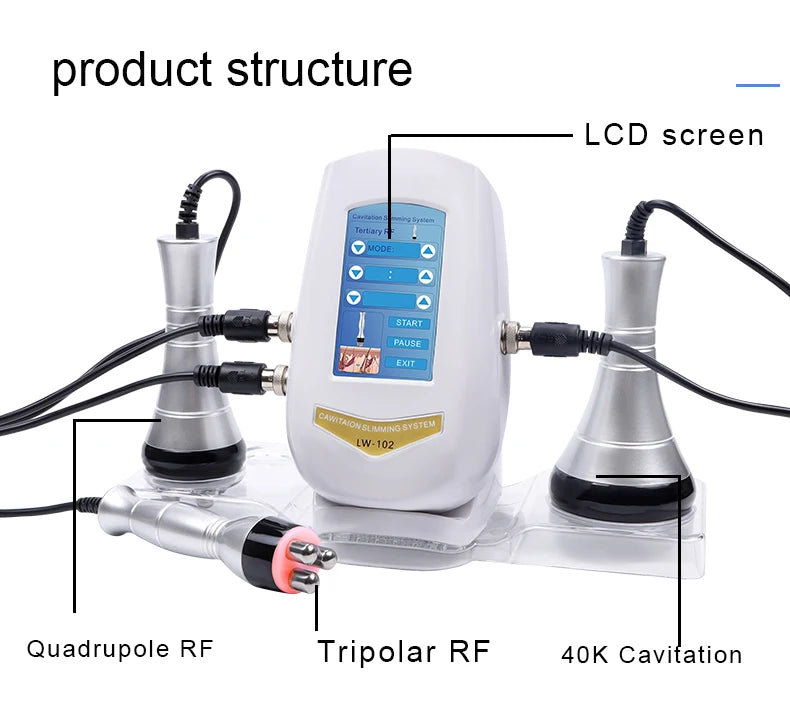 White 3-in-1 cavitation slimming machine with LCD screen, two silver wands, and a tripolar RF attachment on a stand.
