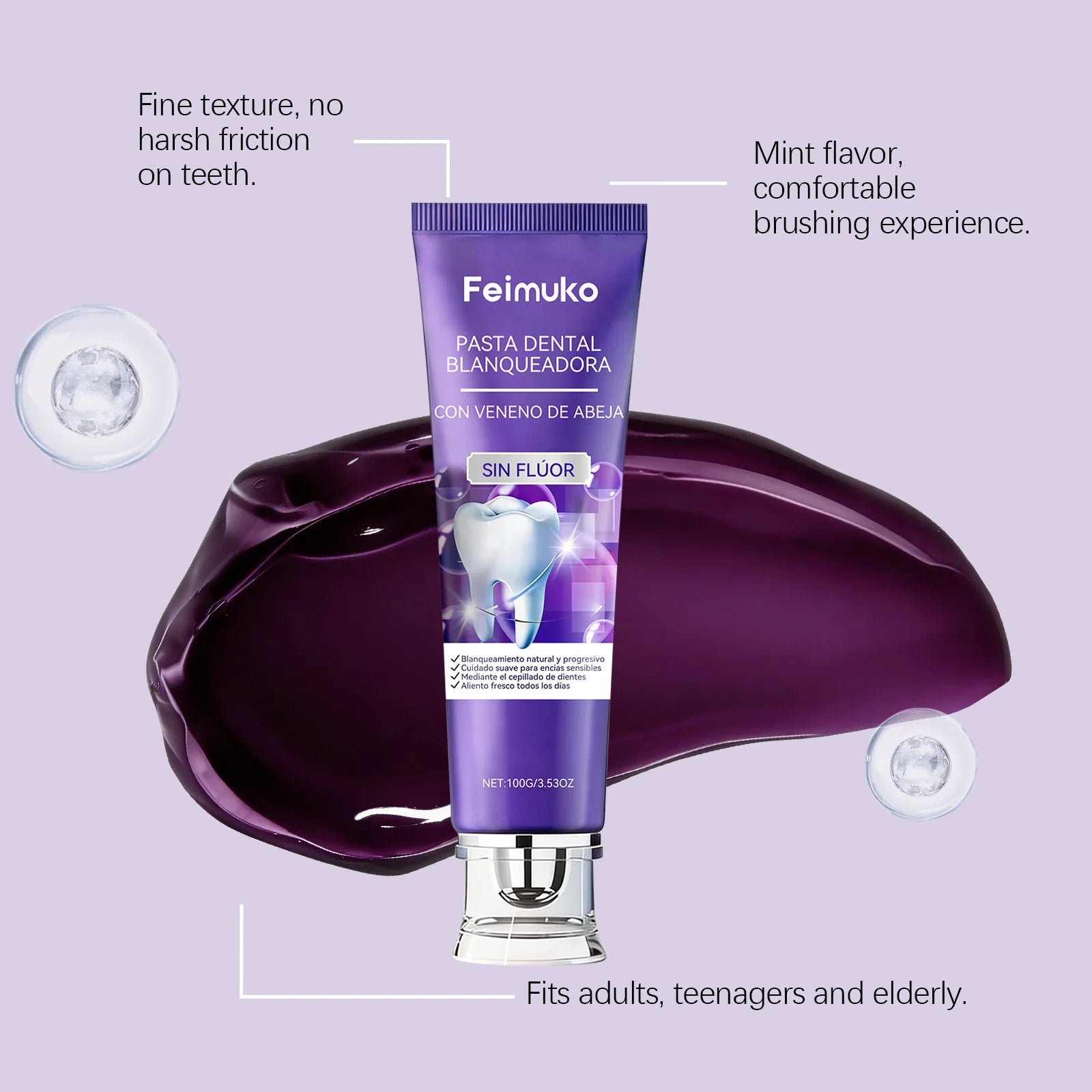 Tidesmit Bee Venom Purple Toothpaste for effective teeth whitening, stain removal, and gum comfort.