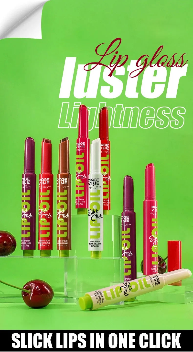 Click-press moisturizing lip gloss sticks in various shades, offering a glossy, non-fade finish on a bright green background.